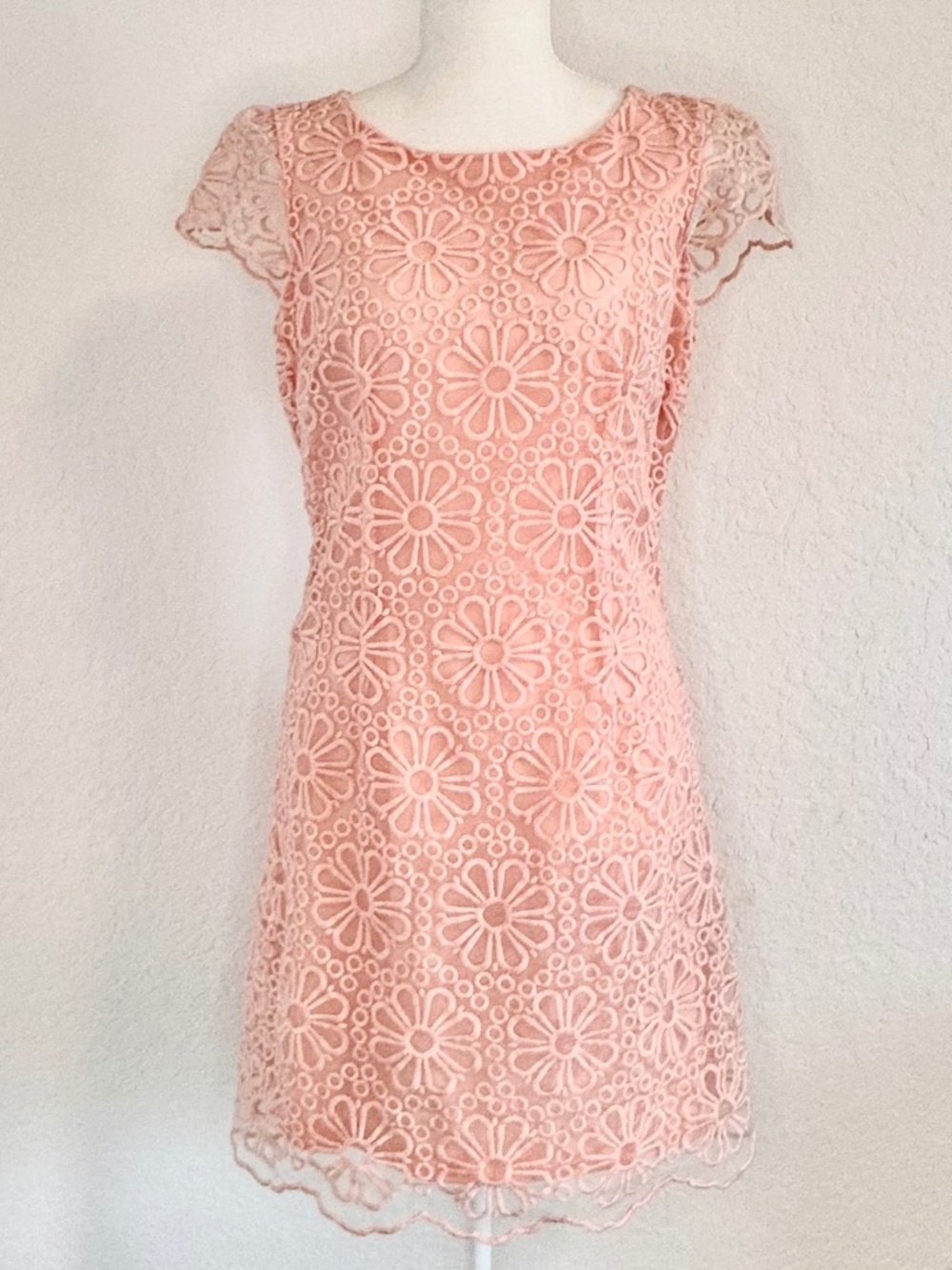 Beige by eci, Peachy/Pink Floral Lace Overlay Sheath Dress, Size 6